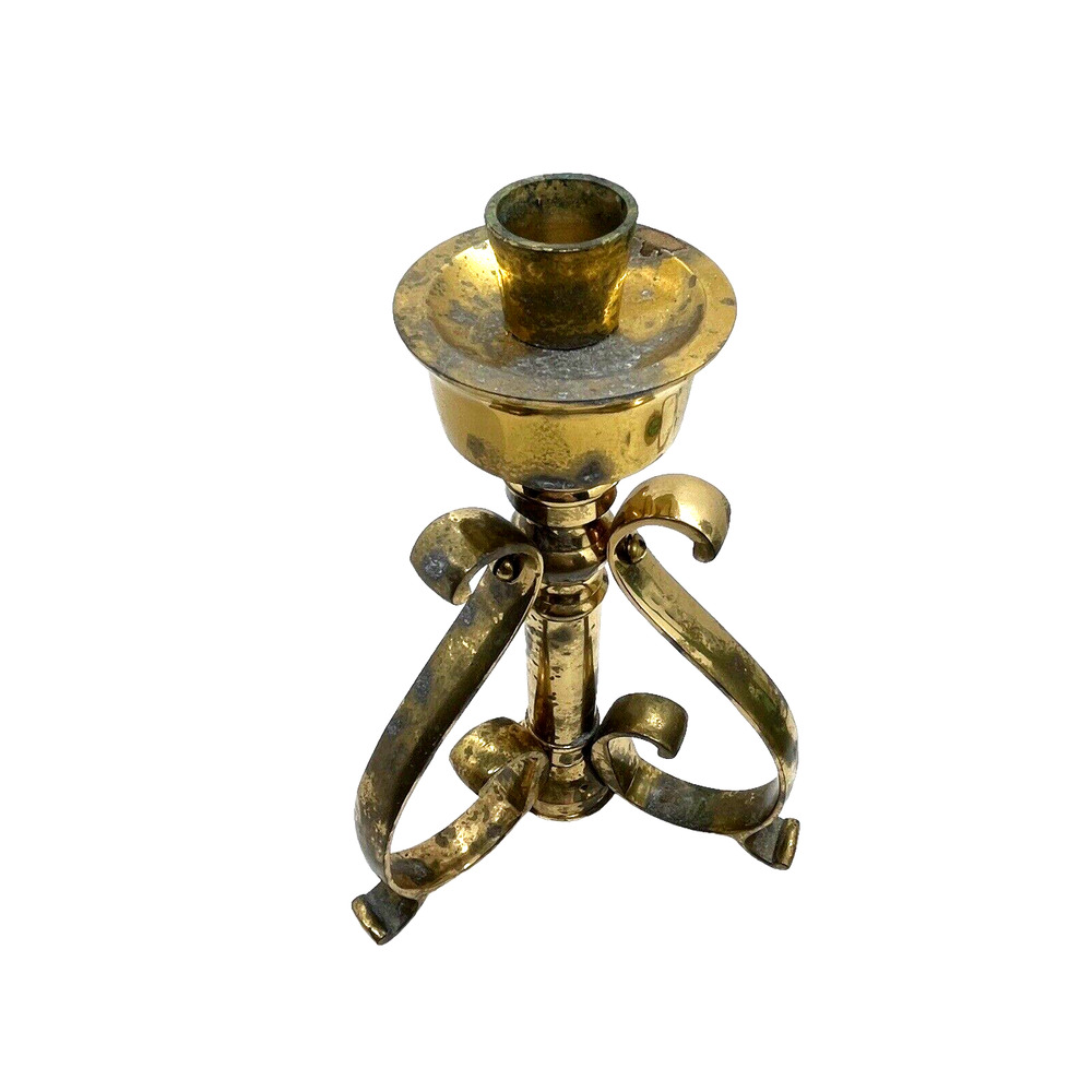 Brass Candle Holder Vintage Distressed Gothic Aged Finish Three Leg Retro Chic